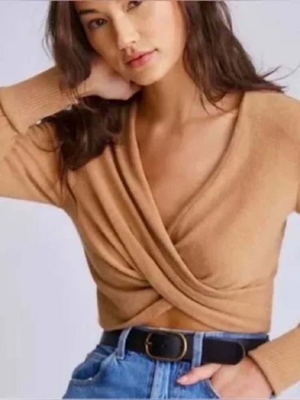 Anthropologie Draped Surplice Knit Top - Camel Tan